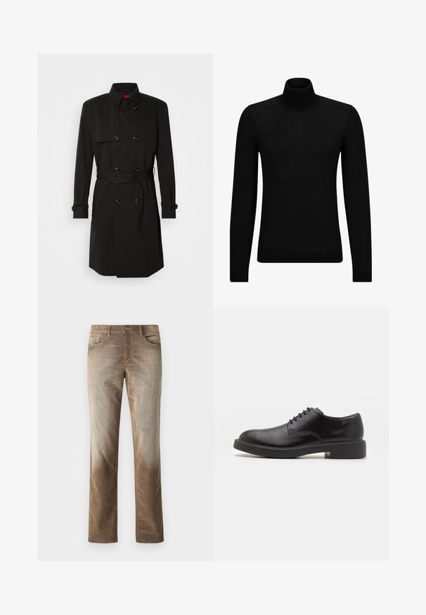 Black trench coat featuring a double-breasted design, large buttons, a belted waist, and a high collar. Smooth fabric with a matte finish.; Black turtleneck sweater made of soft material, featuring long sleeves and a snug fit. Ribbed trim at the hem and cuffs. Simple design.; Brown cotton jeans with a faded finish, straight leg design, five pockets, and a metal button closure. Subtle texture with a worn appearance.; Black leather lace-up shoe with a rounded toe, smooth texture, minimal stitching, and a low rubber heel. Logo on the heel.