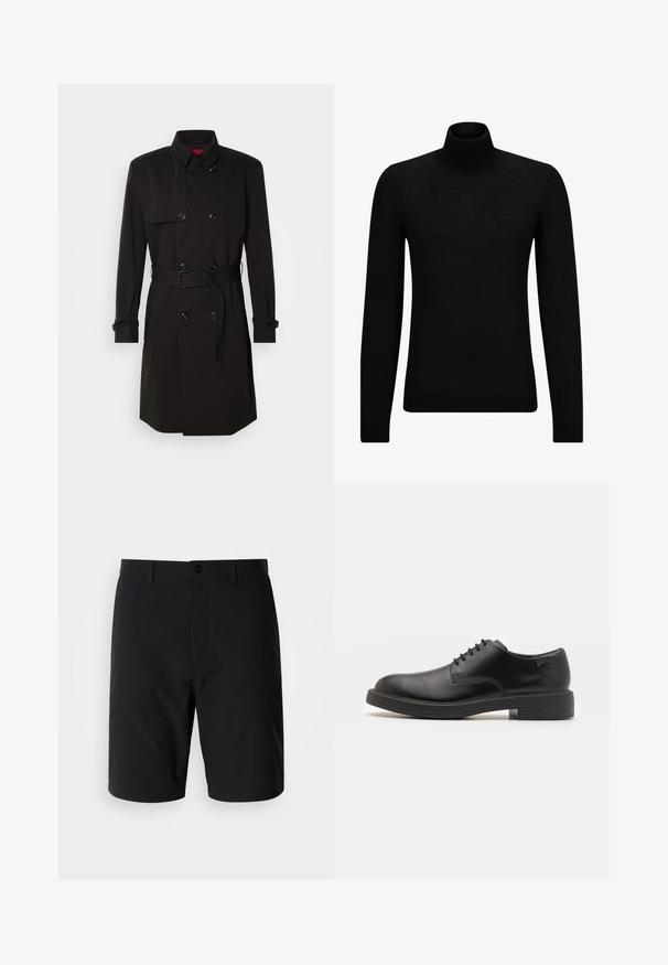 Black trench coat featuring a double-breasted design, large buttons, a belted waist, and a high collar. Smooth fabric with a matte finish.; Black turtleneck sweater made of soft material, featuring long sleeves and a snug fit. Ribbed trim at the hem and cuffs. Simple design.; Black shorts made of a smooth, lightweight fabric. They feature a button closure and a clean, straight cut with no visible patterns.; Black leather lace-up shoe with a rounded toe, smooth texture, minimal stitching, and a low rubber heel. Logo on the heel.