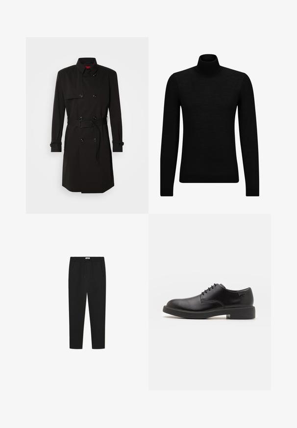 Fekete trench kabát, dupla gombos dizájnnal, nagy gombokkal, övvel ellátott derékkal és magas gallérral. Simább anyag, matt felülettel.; Fekete garbó pulóver puha anyagból, hosszú ujjakkal és szoros fazonnal. Ribbed díszítés az alján és az ujjak végén. Egyszerű dizájn.; Fekete melegítőnadrág puha anyagból, rugalmas derékkal és húzózsinórral, két oldalsó zsebbel és szűkített lábformával.; Fekete bőrcipő, kerek orrú, sima felületű, minimális varrással és alacsony gumitalppal. Logó a sarokrészen.