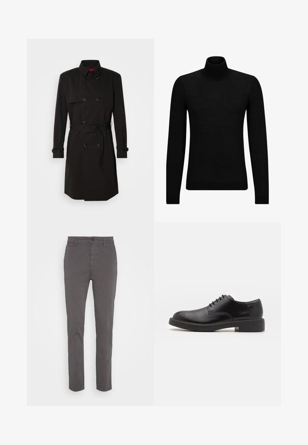 Palton negru cu un design cu dublu rând, butoane mari, talie cu curea și guler înalt. Material neted cu o finisare mată.; Pulover negru cu guler înalt, realizat dintr-un material moale, cu mâneci lungi și o croială ajustată. Tiv și mansete cu margine ondulată. Design simplu.; Chino gri cu croi slim, realizat din bumbac respirabil. Dispune de o închidere cu buton și buzunare laterale, având un finisaj neted, mate.; Pantofii din piele neagră, cu șireturi, au vârful rotunjit, o textură netedă, cusături minime și un toc de cauciuc scăzut. Logo pe toc.