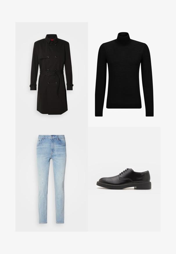 Abrigo negro de trench con diseño de doble botonadura, grandes botones, cintura con cinturón y cuello alto. Tejido suave con un acabado mate.; Jersey de cuello alto negro hecho de un material suave, con mangas largas y un ajuste ceñido. Ribete acanalado en el dobladillo y los puños. Diseño simple.; Jeans de denim azul claro con un ajuste slim, que presentan detalles de salpicaduras de pintura y un diseño clásico de cinco bolsillos. Cierre de botón y cremallera.; Zapato negro de cuero con cordones, punta redondeada, textura suave, costuras mínimas y tacón bajo de goma. Logo en el tacón.
