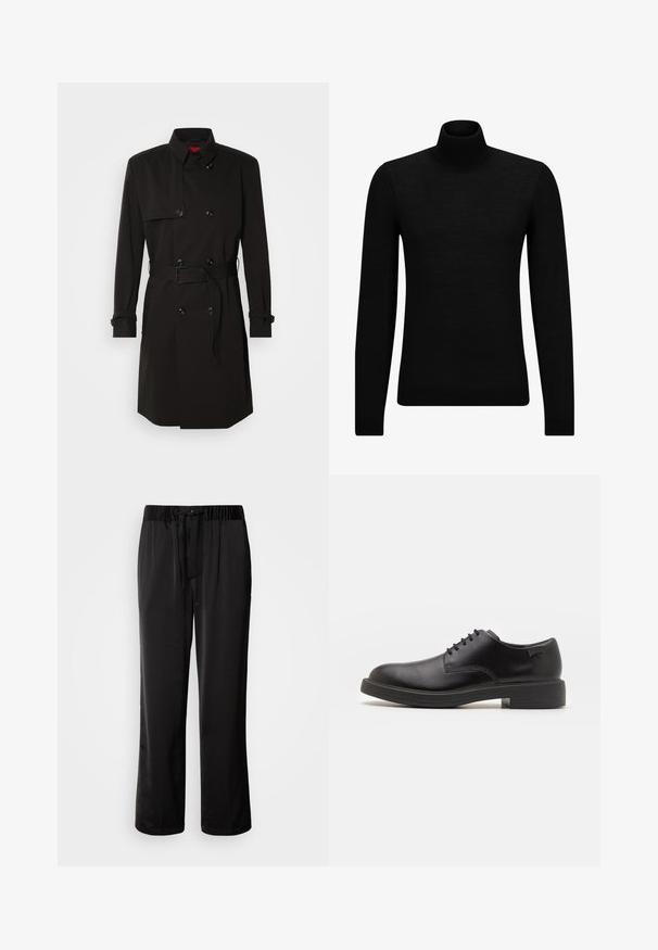 Juodas ilgas paltas su dvigubu užsegimu, didelėmis sagomis, diržu ties juosmeniu ir aukštu apykakle. Lygi medžiaga su matinio paviršiaus apdaila.; Juodas aukšto kaklo megztinis, pagamintas iš minkštos medžiagos, su ilgomis rankovėmis ir prigludusia forma. Su raukiniais apačioje ir rankogaliuose. Paprastas dizainas.; Juodos, laisvai krentančios kelnės su elastingu juosmeniu ir reguliuojamu raiščiu. Lygi medžiaga su šoninėmis siūlėmis, be kišenių.; Juodas odinis batų modelis su raišteliais, apvaliu nosiu, lygiu paviršiumi, minimaliai siuvinėjimu ir žemu guminėmis pakulne. Ant pakulnės šalia logo.
