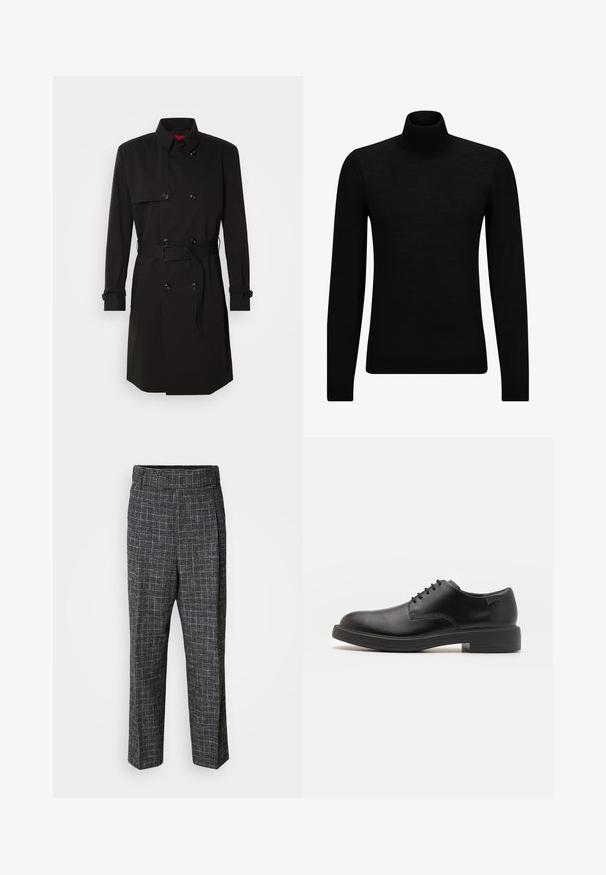 Black trench coat featuring a double-breasted design, large buttons, a belted waist, and a high collar. Smooth fabric with a matte finish.; Black turtleneck sweater made of soft material, featuring long sleeves and a snug fit. Ribbed trim at the hem and cuffs. Simple design.; Trousers in a textured gray fabric with a checked pattern, featuring a high waistband and wide straight legs.; Black leather lace-up shoe with a rounded toe, smooth texture, minimal stitching, and a low rubber heel. Logo on the heel.