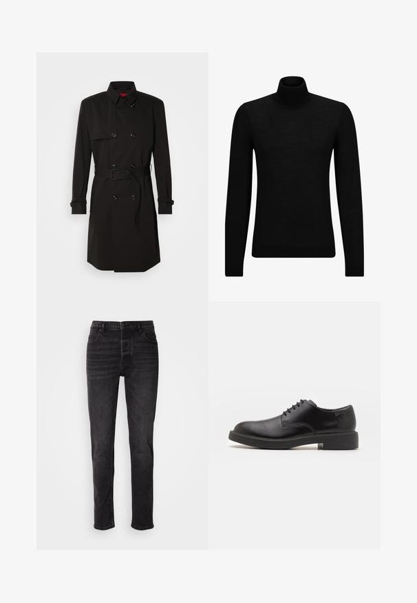 Mustade trench-takid, millel on kahekordselt nööbitud disain, suured nööbid, vööl olev rihm ja kõrge krae. Sile kangas matta viimistlusega.; Musthave muströid ja pehmest materjalist must turtleneck, millel on pikad varrukad ja tihe istuvus. Ribaga ääris allservas ja vöökohal. Lihtne disain.; Mustad teksased sirge säärega disainiga, esikottide, nööbi kinnituse ja kanga peenete pleekimistega.; Must beemel levalis kingad ümarate varvastega, sileda pinnaga, minimaalsete õmblustega ja madala kummist kontsaga. Logo kontsa peal.