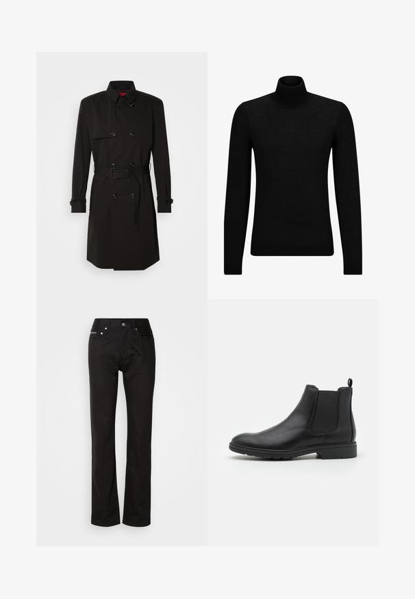 Mustade trench-takid, millel on kahekordselt nööbitud disain, suured nööbid, vööl olev rihm ja kõrge krae. Sile kangas matta viimistlusega.; Musthave muströid ja pehmest materjalist must turtleneck, millel on pikad varrukad ja tihe istuvus. Ribaga ääris allservas ja vöökohal. Lihtne disain.; Mustad teksased otse sääre disainiga, nupu kinnitusega, viie taskuga ja minimaalse õmblusega, et saavutada puhas välimus.; Mustat nahast Chelsea saapad elastsete külgpaneelide ja tõmbeotsaga, ümarate varvaste ja tekstuurse kummitaldiga.