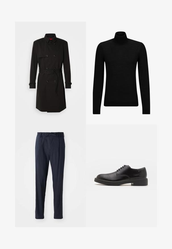 Črni plašč s dvojno zadrgo, velikimi gumbi, pasom in visokim ovratnikom. Gladek material z mat površino.; Črna turtleneck pulover iz mehkega materiala, z dolgimi rokavi in tesnim prileganjem. R ibana obroba na robu in rokavih. Preprosta zasnova.; Tamnoprave hlače z elastičnim pasom in vrvico. Imajo ravno nogavico in lahko, gladko teksturo tkanine.; Črne usnjene čipkaste čevlje z zaobljenim nosom, gladko teksturo, minimalnim šitjem in nizkim gumijastim peto. Logo na peti.
