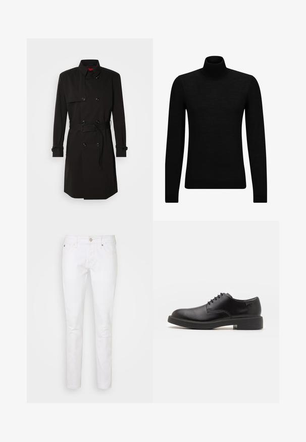Sort trenchcoat med dobbeltrækkerdesign, store knapper, beltestrop i taljen og høj krave. Glat stof med mat finish.; Sort turtleneck sweater lavet af blødt materiale, med lange ærmer og en tætsiddende pasform. Ribbet trim ved kanten og manchetter. Simpelt design.; Hvide denimjeans med slim fit, der har et klassisk fem-lomme design, en knaplukning og subtile stiksyninger.; Sorte læder snørestøvle med rund tå, glat tekstur, minimal syning og lav gummihæl. Logo på hælen.