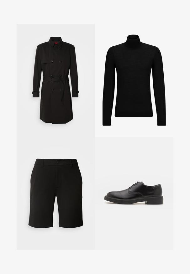 Zwarte trenchcoat met een dubbelzijdig ontwerp, grote knopen, een tailleband en een hoge kraag. Gladde stof met een matte afwerking.; Zwarte coltrui van zacht materiaal, met lange mouwen en een snug fit. Geribbelde afwerking aan de onderkant en mouwen. Eenvoudig ontwerp.; Zwarte shorts gemaakt van zachte stof met een op maat gemaakte ontwerp, met een sluiting met knoop aan de voorkant en twee zijzakken. De zoom is iets omgeslagen.; Zwarte leren veterschoen met een ronde neus, een gladde textuur, minimale stiksels en een lage rubberen hak. Logo op de hak.