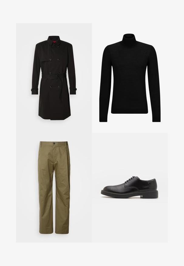 Zwarte trenchcoat met een dubbelzijdig ontwerp, grote knopen, een tailleband en een hoge kraag. Gladde stof met een matte afwerking.; Zwarte coltrui van zacht materiaal, met lange mouwen en een snug fit. Geribbelde afwerking aan de onderkant en mouwen. Eenvoudig ontwerp.; Olijfgroen, rechte broek van lichtgewicht katoenmixstof. Heeft een frontale knoopsluiting en standaardzakken.; Zwarte leren veterschoen met een ronde neus, een gladde textuur, minimale stiksels en een lage rubberen hak. Logo op de hak.