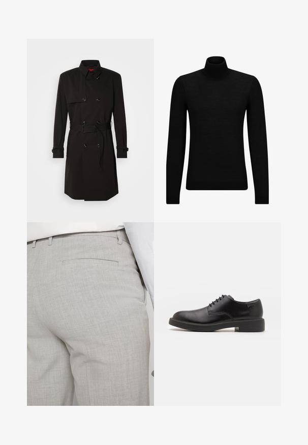 Abrigo negro de trench con diseño de doble botonadura, grandes botones, cintura con cinturón y cuello alto. Tejido suave con un acabado mate.; Jersey de cuello alto negro hecho de un material suave, con mangas largas y un ajuste ceñido. Ribete acanalado en el dobladillo y los puños. Diseño simple.; Pantalones grises claros a medida hechos de tela texturizada, con un solo bolsillo trasero y costuras limpias.; Zapato negro de cuero con cordones, punta redondeada, textura suave, costuras mínimas y tacón bajo de goma. Logo en el tacón.