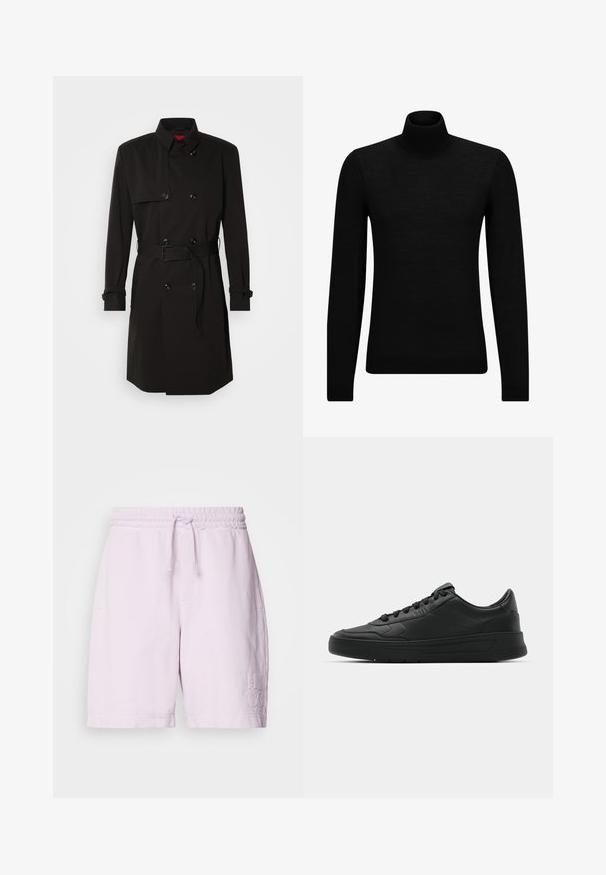 Svart trench coat med dubbelknäppt design, stora knappar, midjebälte och hög krage. Slät tyg med matt ytfinish.; Svart polotröja gjord av mjukt material, med långa ärmar och en åtsittande passform. Ribbat avslut vid fåll och ärmslut. Enkelt mönster.; Rosa bomullsshorts med elastiskt midjeband och dragsko, med framfickor och broderad "HUGO"-logotyp på vänster ben.; Svart sneaker med slät läderöverkänsla, rund tå, platta snören, vadderad krage och minimalistisk design. Gummisula med subtilt mönster.