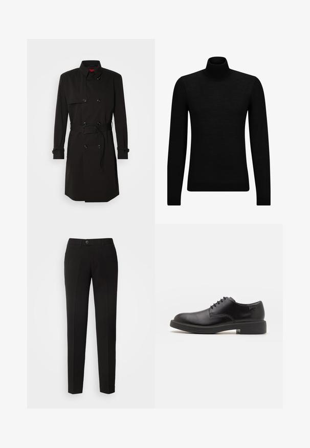 Black trench coat featuring a double-breasted design, large buttons, a belted waist, and a high collar. Smooth fabric with a matte finish.; Black turtleneck sweater made of soft material, featuring long sleeves and a snug fit. Ribbed trim at the hem and cuffs. Simple design.; Black straight-leg trousers made of smooth fabric, featuring a button closure and side pockets with a classic design.; Black leather lace-up shoe with a rounded toe, smooth texture, minimal stitching, and a low rubber heel. Logo on the heel.