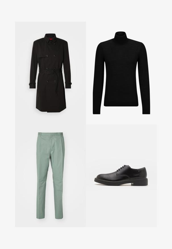 Black trench coat featuring a double-breasted design, large buttons, a belted waist, and a high collar. Smooth fabric with a matte finish.; Black turtleneck sweater made of soft material, featuring long sleeves and a snug fit. Ribbed trim at the hem and cuffs. Simple design.; Light green pants with a straight cut, featuring a flat front, two side pockets, and a smooth fabric texture. No visible patterns or hardware.; Black leather lace-up shoe with a rounded toe, smooth texture, minimal stitching, and a low rubber heel. Logo on the heel.