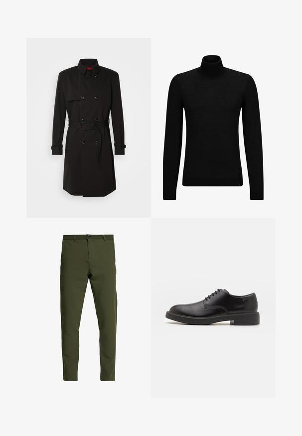 Black trench coat featuring a double-breasted design, large buttons, a belted waist, and a high collar. Smooth fabric with a matte finish.; Black turtleneck sweater made of soft material, featuring long sleeves and a snug fit. Ribbed trim at the hem and cuffs. Simple design.; Olive green trousers with a slim fit, made from a smooth, durable fabric. Features a zip fly, button closure, and standard pockets.; Black leather lace-up shoe with a rounded toe, smooth texture, minimal stitching, and a low rubber heel. Logo on the heel.
