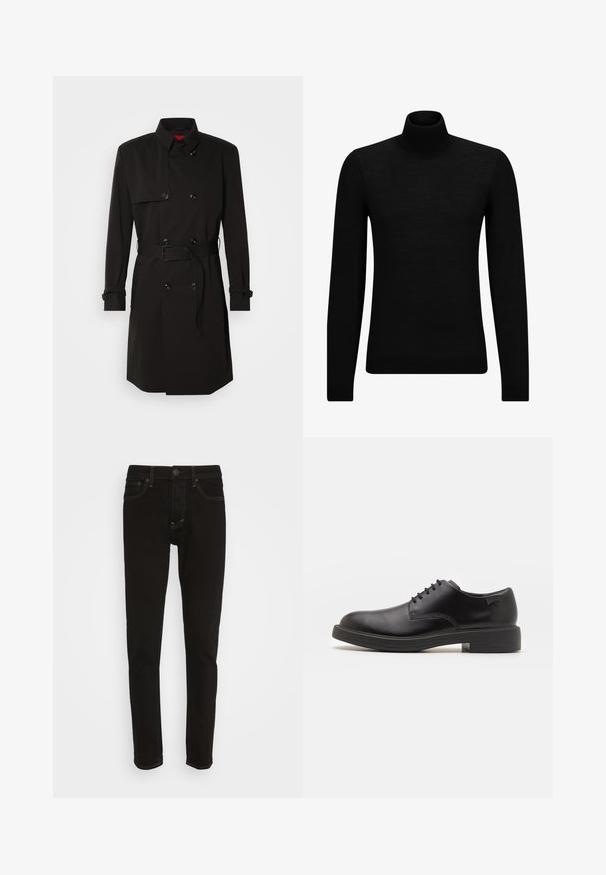 Abrigo negro de trench con diseño de doble botonadura, grandes botones, cintura con cinturón y cuello alto. Tejido suave con un acabado mate.; Jersey de cuello alto negro hecho de un material suave, con mangas largas y un ajuste ceñido. Ribete acanalado en el dobladillo y los puños. Diseño simple.; Jeans de mezclilla negra con un corte ajustado, diseño estándar de cinco bolsillos, costuras en contraste y cierre de botón.; Zapato negro de cuero con cordones, punta redondeada, textura suave, costuras mínimas y tacón bajo de goma. Logo en el tacón.