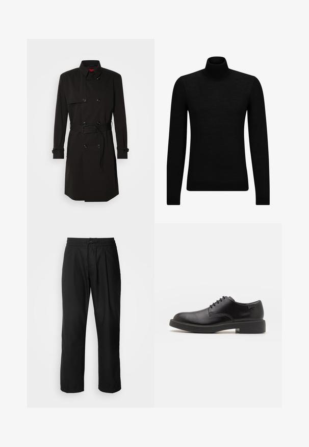 Palton negru cu un design cu dublu rând, butoane mari, talie cu curea și guler înalt. Material neted cu o finisare mată.; Pulover negru cu guler înalt, realizat dintr-un material moale, cu mâneci lungi și o croială ajustată. Tiv și mansete cu margine ondulată. Design simplu.; HUGO RAVI - Pantaloni - black; Pantofii din piele neagră, cu șireturi, au vârful rotunjit, o textură netedă, cusături minime și un toc de cauciuc scăzut. Logo pe toc.