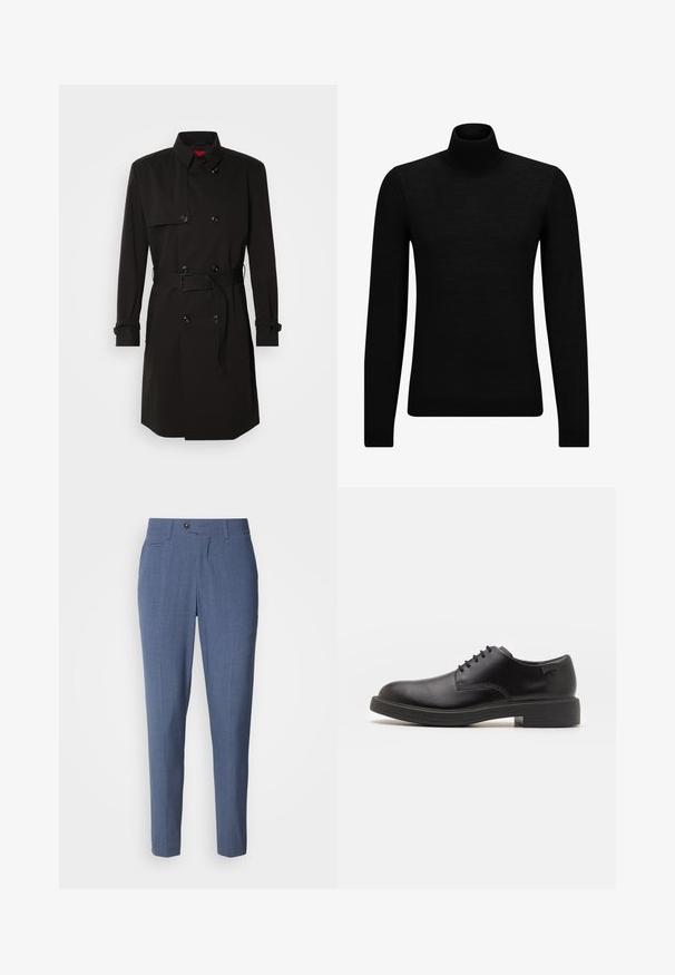 Černý trenčkot s dvouvrstvým designem, velkými knoflíky, páskem v pase a vysokým límcem. Hladká tkanina s matným povrchem.; Černý rolák vyrobený z měkkého materiálu, s dlouhými rukávy a těsným střihem. Hladký lem na spodním okraji a manžetách. Jednoduchý design.; Světle modré kalhoty s dobře padnoucím střihem, které mají hladký povrch, přední kapsy, knoflíkové zapínání a na přední straně jemný záhyb.; Černé kožené šněrovací boty s kulatou špičkou, hladkým povrchem, minimálním prošíváním a nízkým gumovým podpatkem. Logo na patě.