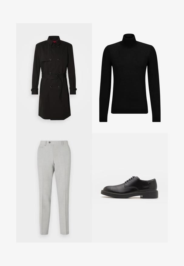 Black trench coat featuring a double-breasted design, large buttons, a belted waist, and a high collar. Smooth fabric with a matte finish.; Black turtleneck sweater made of soft material, featuring long sleeves and a snug fit. Ribbed trim at the hem and cuffs. Simple design.; Gray tailored trousers with a subtle check pattern, made of lightweight fabric. Features a button closure and side pockets. Slim fit silhouette.; Black leather lace-up shoe with a rounded toe, smooth texture, minimal stitching, and a low rubber heel. Logo on the heel.