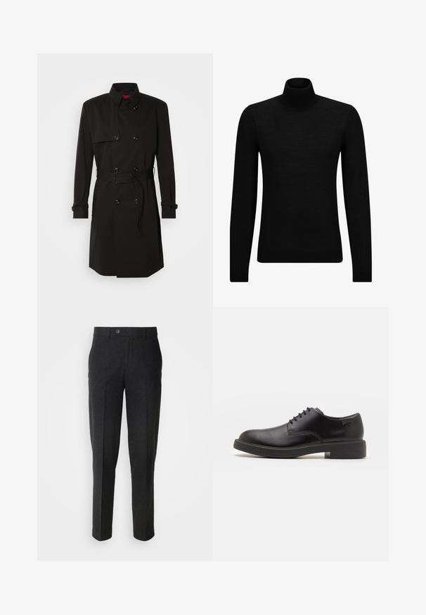 Melns tranšejas mētelis ar dubulto pogu dizainu, lielām pogām, jostu viduklī un augstu apkakli. Gluda auduma ar matētu apdari.; Melnā augstā kakla džemperis, kas izgatavots no mīksta materiāla, ar garām piedurknēm un pieguļušu piegriezumu. Ribota apdare ap apakšu un piedurknēm. Vienkāršs dizains.; Lindbergh FORMAL PANT - Auduma bikses - black melange; Melna āda sašūta kurpe ar noapaļotu purngalu, gludu tekstūru, minimālu šuvju skaitu un zemu gumijas papēdi. Logo uz papēža.