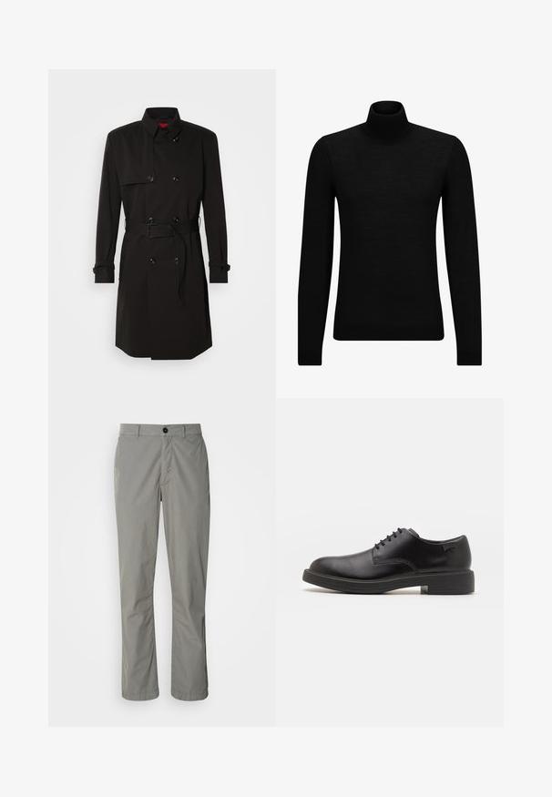 Sort trenchcoat med dobbeltrækkerdesign, store knapper, beltestrop i taljen og høj krave. Glat stof med mat finish.; Sort turtleneck sweater lavet af blødt materiale, med lange ærmer og en tætsiddende pasform. Ribbet trim ved kanten og manchetter. Simpelt design.; Lys grå bukser lavet af letvægtsstof. De har en frontknaplukning, skrå lommer og et lige ben-design.; Sorte læder snørestøvle med rund tå, glat tekstur, minimal syning og lav gummihæl. Logo på hælen.