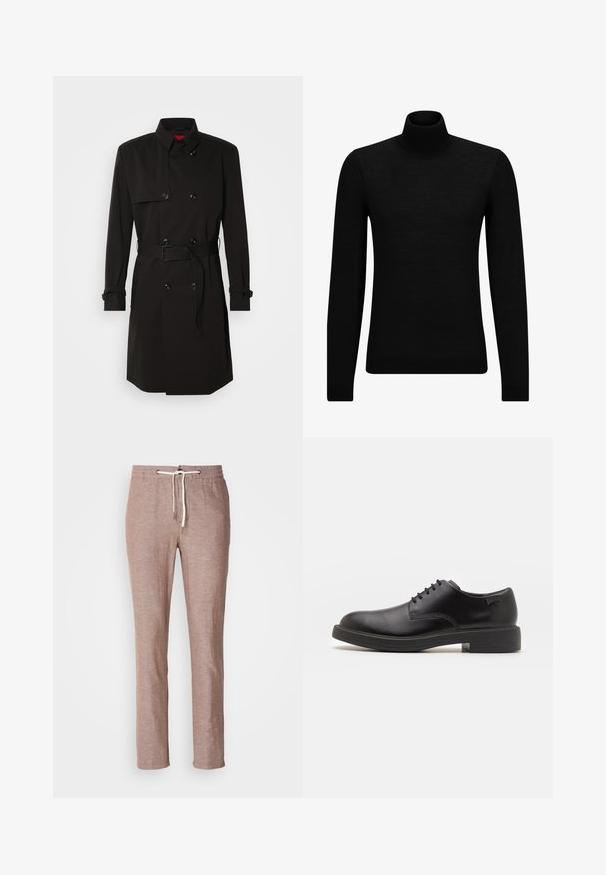 Black trench coat featuring a double-breasted design, large buttons, a belted waist, and a high collar. Smooth fabric with a matte finish.; Black turtleneck sweater made of soft material, featuring long sleeves and a snug fit. Ribbed trim at the hem and cuffs. Simple design.; Light brown linen pants with a drawstring waist, straight leg design, and a slightly textured surface. No additional pockets or embellishments.; Black leather lace-up shoe with a rounded toe, smooth texture, minimal stitching, and a low rubber heel. Logo on the heel.