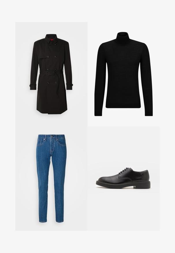 Cappotto lungo nero con design doppiopetto, grandi bottoni, vita con cintura e colletto alto. Tessuto liscio con finitura opaca.; Maglione a collo alto nero realizzato in materiale morbido, con maniche lunghe e vestibilità aderente. Bordo a coste all'orlo e ai polsini. Design semplice.; Jeans dritti blu in denim, con un design a cinque tasche standard, chiusura con bottone e un leggero sbiadimento lungo le gambe.; Scarpa nera in pelle con lacci, punta tonda, texture liscia, cuciture minime e tacco in gomma basso. Logo sul tacco.