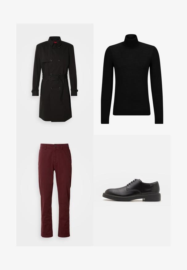 Schwarzer Trenchcoat mit einem doppelt knöpfbaren Design, großen Knöpfen, einem taillierten Gürtel und einem hohen Kragen. Glattes Material mit matter Oberfläche.; Schwarzer Rollkragenpullover aus weichem Material mit langen Ärmeln und enger Passform. Rippbesatz am Saum und an den Bündchen. Einfaches Design.; Kastanienbraune Baumwollhose mit geradem Schnitt, Vordertaschen, einem einzelnen Knopfverschluss und sichtbaren Steppnähten.; Schwarzer Leder-Schnürschuh mit abgerundetem Zeh, glatter Textur, minimaler Naht und niedrigem Gummiabsatz. Logo auf der Ferse.