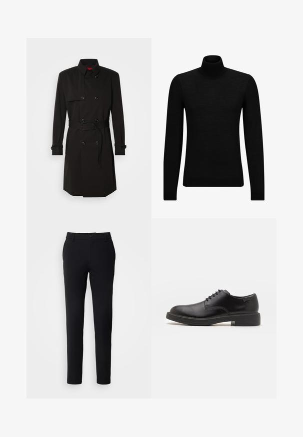 Black trench coat featuring a double-breasted design, large buttons, a belted waist, and a high collar. Smooth fabric with a matte finish.; Black turtleneck sweater made of soft material, featuring long sleeves and a snug fit. Ribbed trim at the hem and cuffs. Simple design.; Black tailored trousers made of smooth fabric, featuring a slim fit, a button closure, and no visible patterns or accents.; Black leather lace-up shoe with a rounded toe, smooth texture, minimal stitching, and a low rubber heel. Logo on the heel.