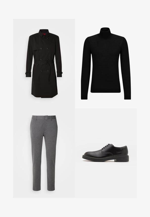 Zwarte trenchcoat met een dubbelzijdig ontwerp, grote knopen, een tailleband en een hoge kraag. Gladde stof met een matte afwerking.; Zwarte coltrui van zacht materiaal, met lange mouwen en een snug fit. Geribbelde afwerking aan de onderkant en mouwen. Eenvoudig ontwerp.; Grijze, op maat gemaakte broek van zachte stof met een gladde textuur, voorzakken en een enkele knoopsluiting aan de tailleband.; Zwarte leren veterschoen met een ronde neus, een gladde textuur, minimale stiksels en een lage rubberen hak. Logo op de hak.