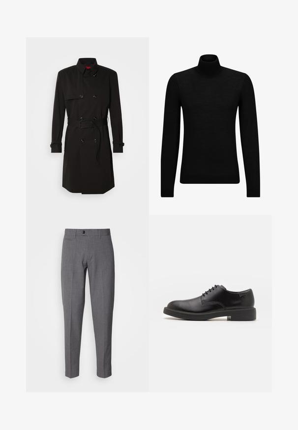 Fekete trench kabát, dupla gombos dizájnnal, nagy gombokkal, övvel ellátott derékkal és magas gallérral. Simább anyag, matt felülettel.; Fekete garbó pulóver puha anyagból, hosszú ujjakkal és szoros fazonnal. Ribbed díszítés az alján és az ujjak végén. Egyszerű dizájn.; Szürke, finoman szabott nadrág sima textúrával, egy gombos zárással, elülső zsebekkel és karcsú fazonnal.; Fekete bőrcipő, kerek orrú, sima felületű, minimális varrással és alacsony gumitalppal. Logó a sarokrészen.