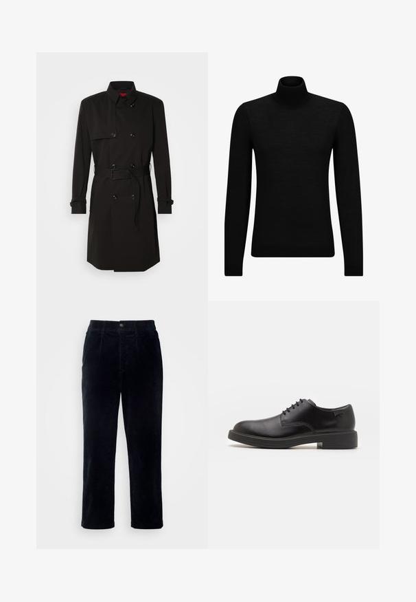 Black trench coat featuring a double-breasted design, large buttons, a belted waist, and a high collar. Smooth fabric with a matte finish.; Black turtleneck sweater made of soft material, featuring long sleeves and a snug fit. Ribbed trim at the hem and cuffs. Simple design.; Dark blue corduroy trousers with a straight leg design, featuring a button closure and subtle vertical ribbing texture.; Black leather lace-up shoe with a rounded toe, smooth texture, minimal stitching, and a low rubber heel. Logo on the heel.