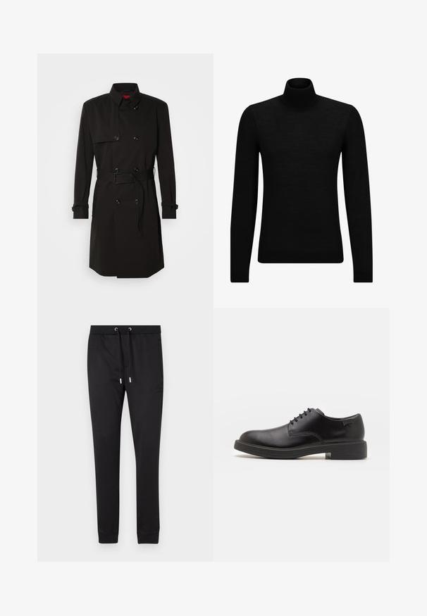 Black trench coat featuring a double-breasted design, large buttons, a belted waist, and a high collar. Smooth fabric with a matte finish.; Black turtleneck sweater made of soft material, featuring long sleeves and a snug fit. Ribbed trim at the hem and cuffs. Simple design.; Black jogger pants made of soft fabric, featuring an elastic waistband with drawstrings, side pockets, and fitted cuffs at the ankles.; Black leather lace-up shoe with a rounded toe, smooth texture, minimal stitching, and a low rubber heel. Logo on the heel.