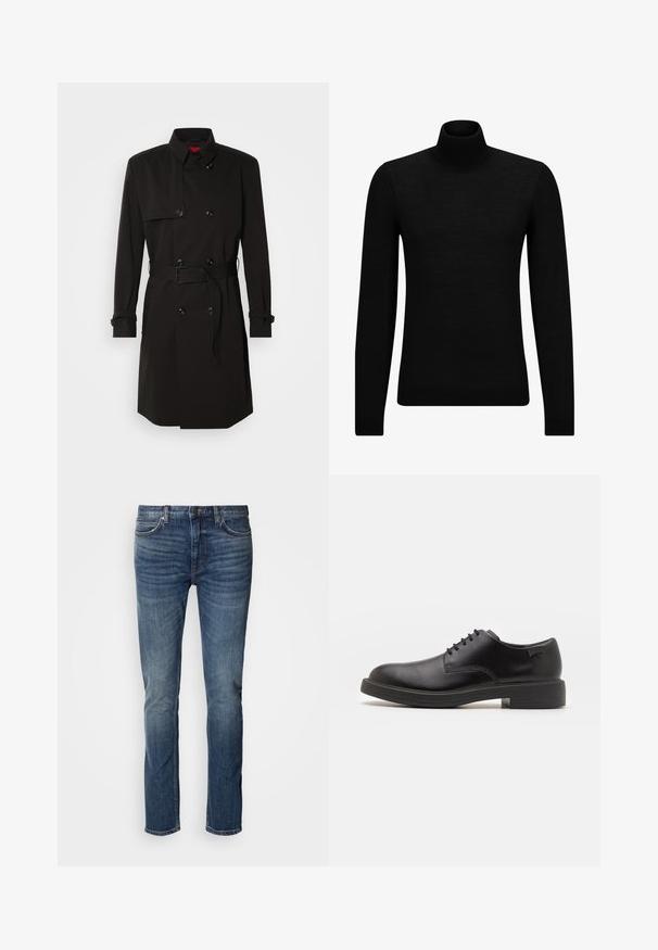Palton negru cu un design cu dublu rând, butoane mari, talie cu curea și guler înalt. Material neted cu o finisare mată.; Pulover negru cu guler înalt, realizat dintr-un material moale, cu mâneci lungi și o croială ajustată. Tiv și mansete cu margine ondulată. Design simplu.; Jeans din denim albastru cu croi drept, talie medie, design cu cinci buzunare și detalii ușor estompate pe față și spate.; Pantofii din piele neagră, cu șireturi, au vârful rotunjit, o textură netedă, cusături minime și un toc de cauciuc scăzut. Logo pe toc.