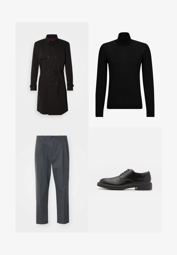Crni trench kaput s dvostrukim kopčanjem, velikim gumbima, remenom u struku i visokim ovratnikom. Glatka tkanina s mat završetkom.; Crni dukserica s visokim ovratnikom, napravljena od mekanog materijala, s dugim rukavima i priljubljenim krojem. Rebrasti detalji na donjem rubu i rukavima. Jednostavan dizajn.; Sive hlače s prugastim uzorkom i ravnim krojem, s kopčanjem na dugme i glatkom teksturom tkanine. Prilagođeni kroj s klasičnim naborima.; Crne kožne cipele s vezanjem i zaobljenim vrhom, glatke teksture, minimalnim šavovima i niskim gumiranim potplatom. Logo se nalazi na peti.