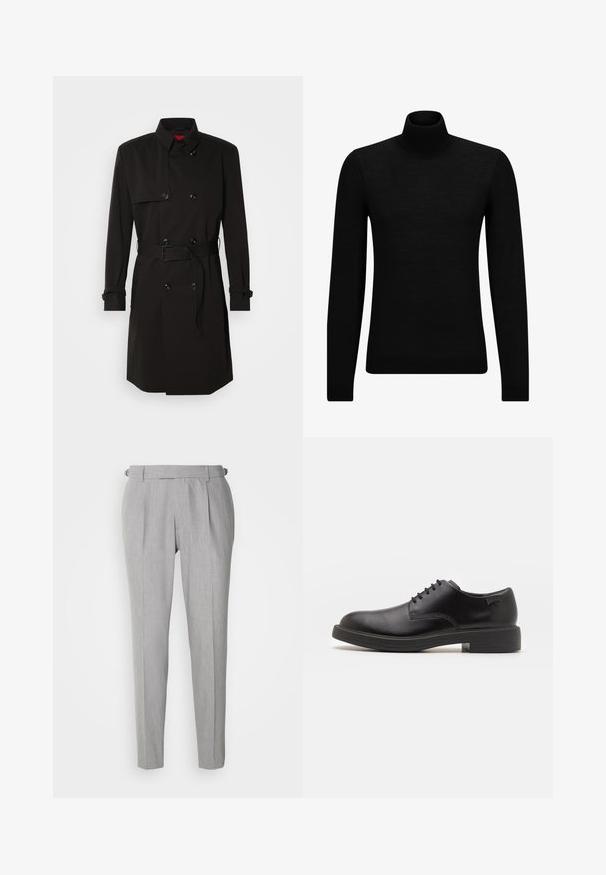 Black trench coat featuring a double-breasted design, large buttons, a belted waist, and a high collar. Smooth fabric with a matte finish.; Black turtleneck sweater made of soft material, featuring long sleeves and a snug fit. Ribbed trim at the hem and cuffs. Simple design.; BOSS PEPE - Trousers - silver; Black leather lace-up shoe with a rounded toe, smooth texture, minimal stitching, and a low rubber heel. Logo on the heel.