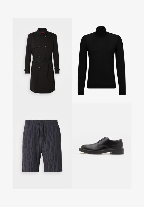 Černý trenčkot s dvouvrstvým designem, velkými knoflíky, páskem v pase a vysokým límcem. Hladká tkanina s matným povrchem.; Černý rolák vyrobený z měkkého materiálu, s dlouhými rukávy a těsným střihem. Hladký lem na spodním okraji a manžetách. Jednoduchý design.; Černé šortky s texturovaným vzorem vln, elastickým pasem a nastavitelnou šňůrkou, vyrobené z měkké, lehké tkaniny.; Černé kožené šněrovací boty s kulatou špičkou, hladkým povrchem, minimálním prošíváním a nízkým gumovým podpatkem. Logo na patě.