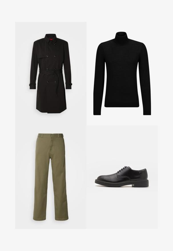 Black trench coat featuring a double-breasted design, large buttons, a belted waist, and a high collar. Smooth fabric with a matte finish.; Black turtleneck sweater made of soft material, featuring long sleeves and a snug fit. Ribbed trim at the hem and cuffs. Simple design.; Khaki trousers made of smooth cotton fabric, featuring a straight-leg design, button and zipper closure, and belt loops at the waistband.; Black leather lace-up shoe with a rounded toe, smooth texture, minimal stitching, and a low rubber heel. Logo on the heel.