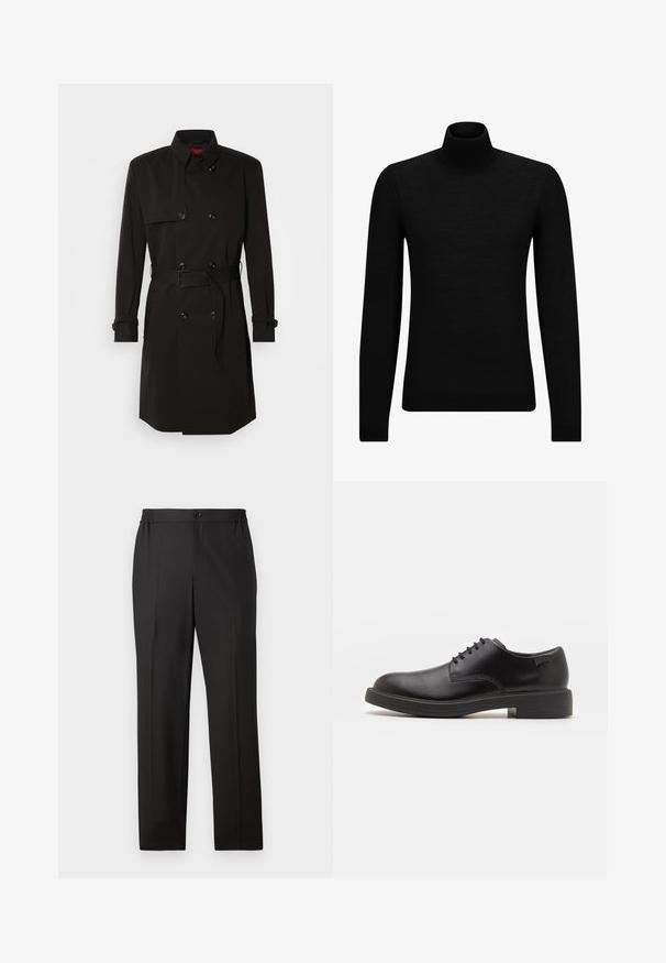 Černý trenčkot s dvouvrstvým designem, velkými knoflíky, páskem v pase a vysokým límcem. Hladká tkanina s matným povrchem.; Černý rolák vyrobený z měkkého materiálu, s dlouhými rukávy a těsným střihem. Hladký lem na spodním okraji a manžetách. Jednoduchý design.; Černé kalhoty s rovnými nohavicemi, elastickým pasem s knoflíkovým zapínáním, hladkým předním dílem a jemnou tkaninou.; Černé kožené šněrovací boty s kulatou špičkou, hladkým povrchem, minimálním prošíváním a nízkým gumovým podpatkem. Logo na patě.