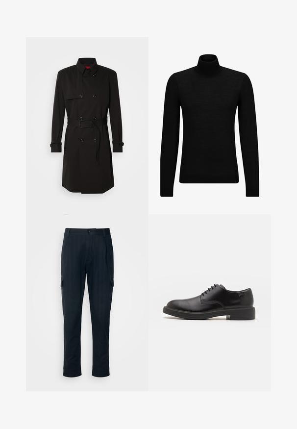 Čierny trenčkot s dvojradovým dizajnom, veľkými gombíkmi, opaskom v páse a vysokým golierom. Hladká tkanina s matným povrchom.; Čierny rolák vyrobený z jemného materiálu, s dlhými rukávmi a tesným strihom. Hranatý lem a manžety s ribbed úpravou. Jednoduchý dizajn.; Čierne cargo nohavice so strihom rovného nohu, s bočnými vreckami, zapínaním na gombík a jemným prúžkovaným vzorom pre textúru.; Čierne kožené šnurovacie topánky s okrúhlou špičkou, hladkým povrchom, minimálnym prešívaním a nízkym gumovým podpätkom. Logo na podpätku.