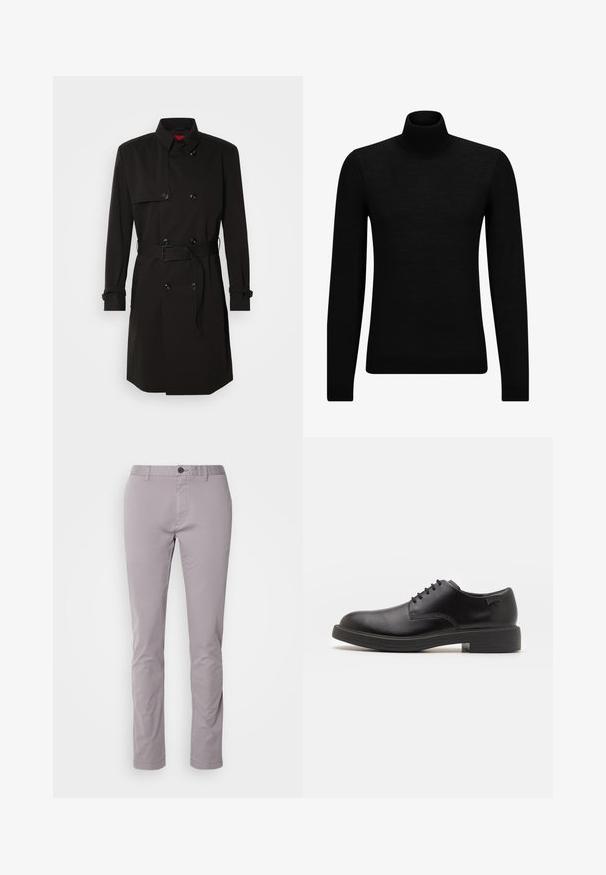 Schwarzer Trenchcoat mit einem doppelt knöpfbaren Design, großen Knöpfen, einem taillierten Gürtel und einem hohen Kragen. Glattes Material mit matter Oberfläche.; Schwarzer Rollkragenpullover aus weichem Material mit langen Ärmeln und enger Passform. Rippbesatz am Saum und an den Bündchen. Einfaches Design.; Hellegraue Baumwollhose mit schmaler Passform, flacher Vorderseite und einzelner Knopfverschluss. Merkmale sind klare Linien und minimale Details.; Schwarzer Leder-Schnürschuh mit abgerundetem Zeh, glatter Textur, minimaler Naht und niedrigem Gummiabsatz. Logo auf der Ferse.