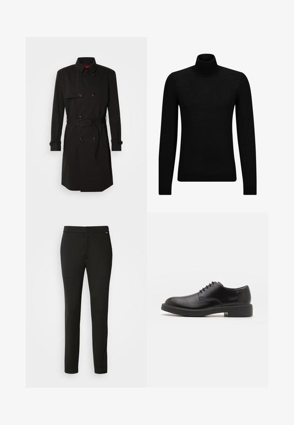 Mustade trench-takid, millel on kahekordselt nööbitud disain, suured nööbid, vööl olev rihm ja kõrge krae. Sile kangas matta viimistlusega.; Musthave muströid ja pehmest materjalist must turtleneck, millel on pikad varrukad ja tihe istuvus. Ribaga ääris allservas ja vöökohal. Lihtne disain.; Mustad mustasunased püksid, mis on valmistatud siledast kangast, nupuga kinnitamisega, sirgete jalgadega ja vaikselt logoga detailiga vööl.; Must beemel levalis kingad ümarate varvastega, sileda pinnaga, minimaalsete õmblustega ja madala kummist kontsaga. Logo kontsa peal.