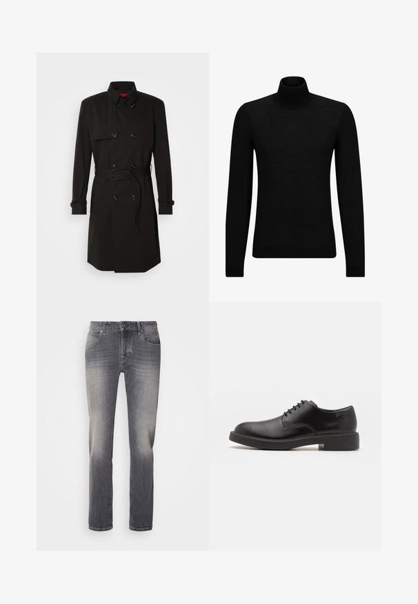 Black trench coat featuring a double-breasted design, large buttons, a belted waist, and a high collar. Smooth fabric with a matte finish.; Black turtleneck sweater made of soft material, featuring long sleeves and a snug fit. Ribbed trim at the hem and cuffs. Simple design.; Gray denim jeans with a straight-leg cut, featuring fading on the thighs, five-pocket design, and silver button closure at the waist.; Black leather lace-up shoe with a rounded toe, smooth texture, minimal stitching, and a low rubber heel. Logo on the heel.