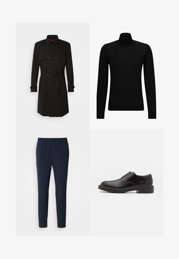 Cappotto lungo nero con design doppiopetto, grandi bottoni, vita con cintura e colletto alto. Tessuto liscio con finitura opaca.; Maglione a collo alto nero realizzato in materiale morbido, con maniche lunghe e vestibilità aderente. Bordo a coste all'orlo e ai polsini. Design semplice.; Pantaloni dritti blu navy con vita elastica, caratterizzati da una chiusura frontale con bottone e una texture del tessuto liscia.; Scarpa nera in pelle con lacci, punta tonda, texture liscia, cuciture minime e tacco in gomma basso. Logo sul tacco.