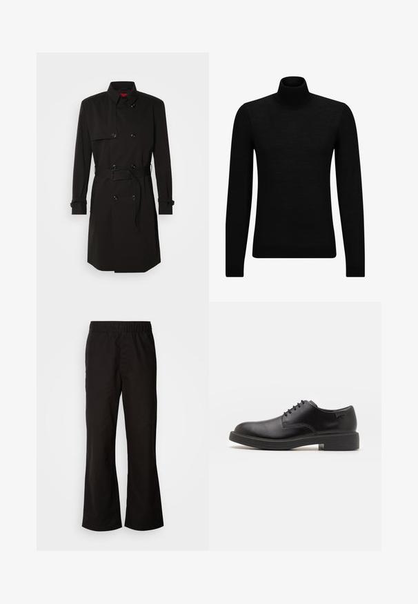 Čierny trenčkot s dvojradovým dizajnom, veľkými gombíkmi, opaskom v páse a vysokým golierom. Hladká tkanina s matným povrchom.; Čierny rolák vyrobený z jemného materiálu, s dlhými rukávmi a tesným strihom. Hranatý lem a manžety s ribbed úpravou. Jednoduchý dizajn.; Čierne nohavice s elastickým pásom a rozšíreným strihom, vyrobené z hladkej bavlnenej tkaniny. Majú jednoduchý dizajn a rovné otvory na nohy.; Čierne kožené šnurovacie topánky s okrúhlou špičkou, hladkým povrchom, minimálnym prešívaním a nízkym gumovým podpätkom. Logo na podpätku.