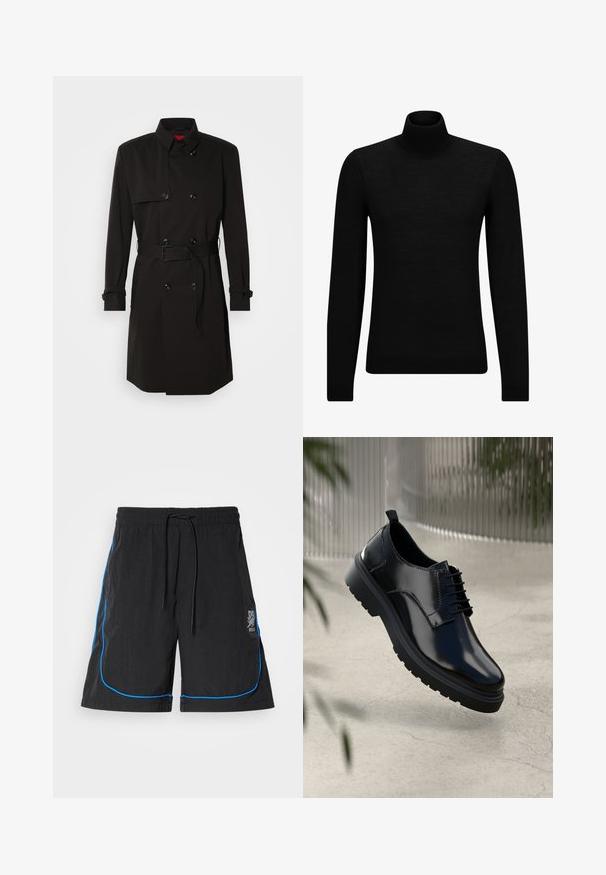 Czarny płaszcz typu trench z podwójnym zapięciem, dużymi guzikami, paskiem w talii oraz wysokim kołnierzem. Gładki materiał o matowym wykończeniu.; Czarny sweter z golfem wykonany z miękkiego materiału, z długimi rękawami i dopasowanym krojem. Żebrowane wykończenie na dolnym brzegu i mankietach. Prosty design.; Czarne spodenki kąpielowe z troczkiem w pasie, z niebieskimi lamówkami wzdłuż szwów i logo na lewej udzie. Lekki materiał.; Czarne skórzane buty z połyskiem, okrągłym noskiem, sznurowanym zapięciem, kontrastowym przeszyciem oraz grubą gumową podeszwą z bieżnikiem.