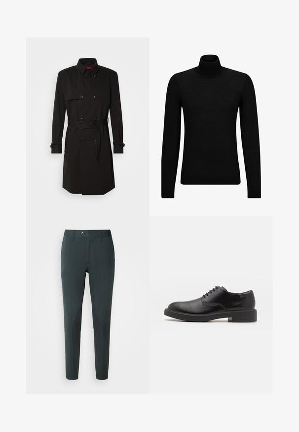 Palton negru cu un design cu dublu rând, butoane mari, talie cu curea și guler înalt. Material neted cu o finisare mată.; Pulover negru cu guler înalt, realizat dintr-un material moale, cu mâneci lungi și o croială ajustată. Tiv și mansete cu margine ondulată. Design simplu.; Pantaloni verzi închis cu o croială ajustată, având un front plat, bucle pentru curea și un închidere cu un singur buton. Textură netedă, fără modele.; Pantofii din piele neagră, cu șireturi, au vârful rotunjit, o textură netedă, cusături minime și un toc de cauciuc scăzut. Logo pe toc.
