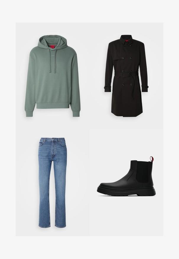 Cappotto lungo nero con design doppiopetto, grandi bottoni, vita con cintura e colletto alto. Tessuto liscio con finitura opaca.; Felpa verde realizzata in un morbido misto cotone, con cappuccio regolabile, logo frontale e polsini e orlo a costine. Design semplice e con vestibilità rilassata.; Jeans in denim blu con vita alta, design a gamba dritta e leggera sbiaditura. Presentano il classico stile a cinque tasche e chiusura con zip.; Stivale alla caviglia nero con finitura liscia, pannelli laterali elastici e un tab di presa rosso a contrasto, dotato di una suola in gomma spessa e punta arrotondata.