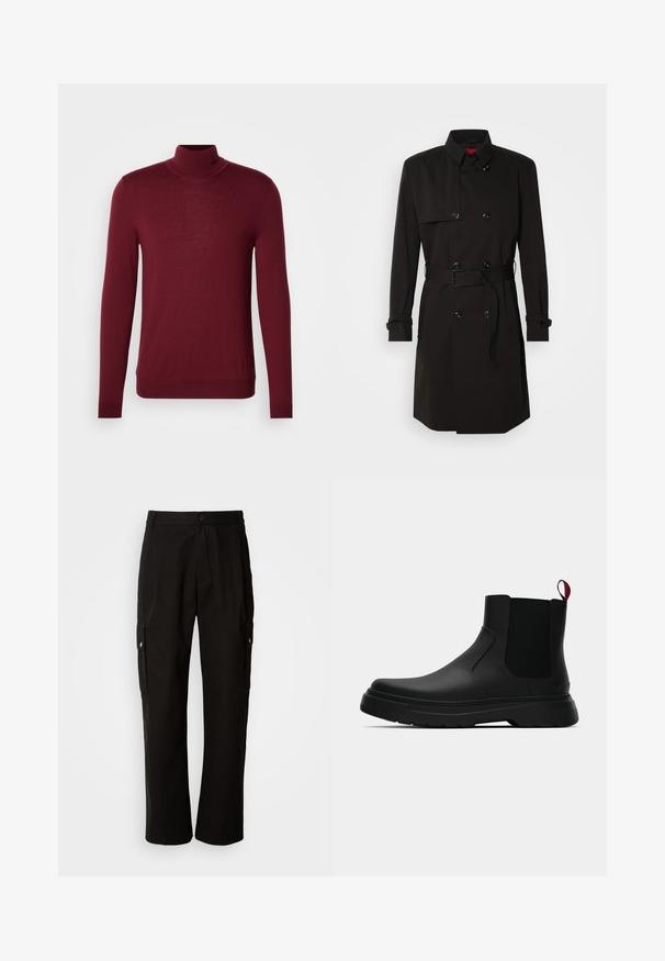 Palton negru cu un design cu dublu rând, butoane mari, talie cu curea și guler înalt. Material neted cu o finisare mată.; Pulover bărbaiesc de culoare vișinie, cu guler înalt și mâneci lungi, cu manșete și tiv cu model în relief, expus pe un fundal gri deschis simplu.; Pantaloni cargo negri din bumbac, cu o croială lejeră, având buzunare laterale, închidere cu nasture și picioare drepte. Design simplu, fără modele.; Botine negre până la gleznă, cu un finisaj neted, panouri laterale elastice și un tab de prindere roșu contrastant, având o talpă groasă din cauciuc și vârf rotunjit.