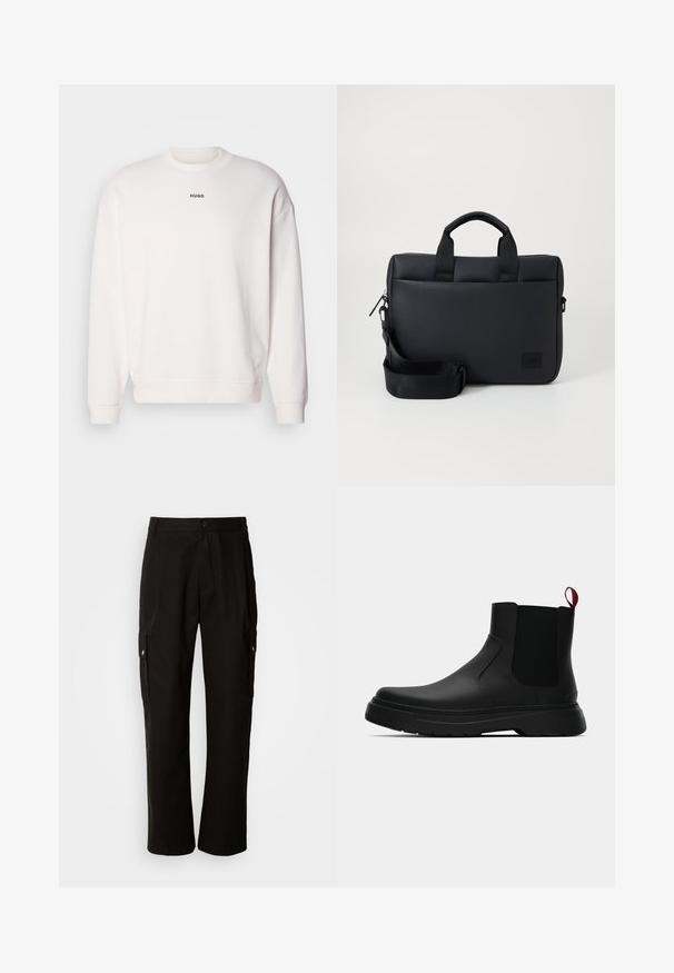 Cappotto lungo nero con design doppiopetto, grandi bottoni, vita con cintura e colletto alto. Tessuto liscio con finitura opaca.; Felpa bianca a girocollo realizzata in morbido misto cotone, con una vestibilità rilassata, polsini a coste e logo "HUGO" in nero sul petto.; Pantaloni cargo neri in cotone con vestibilità comoda, dotati di tasche laterali, chiusura a bottone e gambe dritti. Design semplice senza motivi.; Stivale alla caviglia nero con finitura liscia, pannelli laterali elastici e un tab di presa rosso a contrasto, dotato di una suola in gomma spessa e punta arrotondata.; Borsa per laptop nera con texture, dotata di doppie maniglie superiori, tracolla staccabile, chiusura con zip e un piccolo patch logo per il branding.