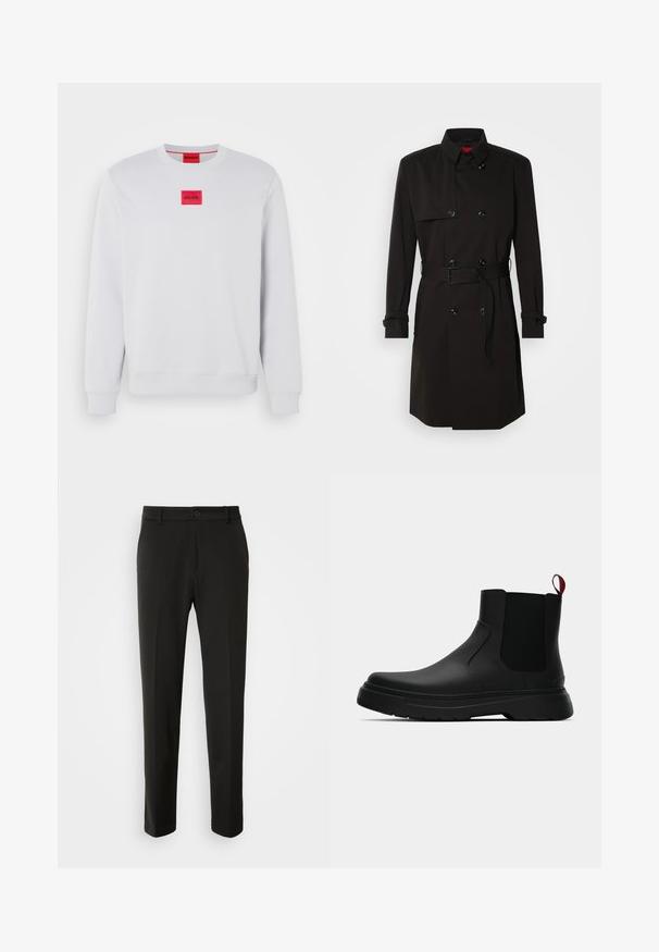 Černý trenčkot s dvouvrstvým designem, velkými knoflíky, páskem v pase a vysokým límcem. Hladká tkanina s matným povrchem.; Bílá mikina vyrobená z bavlněné směsi s žebrovanými manžetami a lemem. Obsahuje obdélníkovou červenou nášivku s logem uprostřed přední části.; Černé kalhoty vyrobené z hladkého materiálu, s rovnými nohavicemi, zapínáním na knoflík a klasickým designem vhodným pro formální i neformální nošení.; Černé kotníkové boty s hladkým povrchem, elastickými bočními panely a kontrastním červeným poutkem, s tlustou gumovou podrážkou a zaoblenou špičkou.